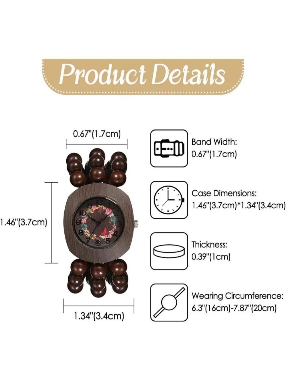 Women's Brown Boho Wood Bead Wreath Dial Floral Quartz Elastic Band Casual Watch